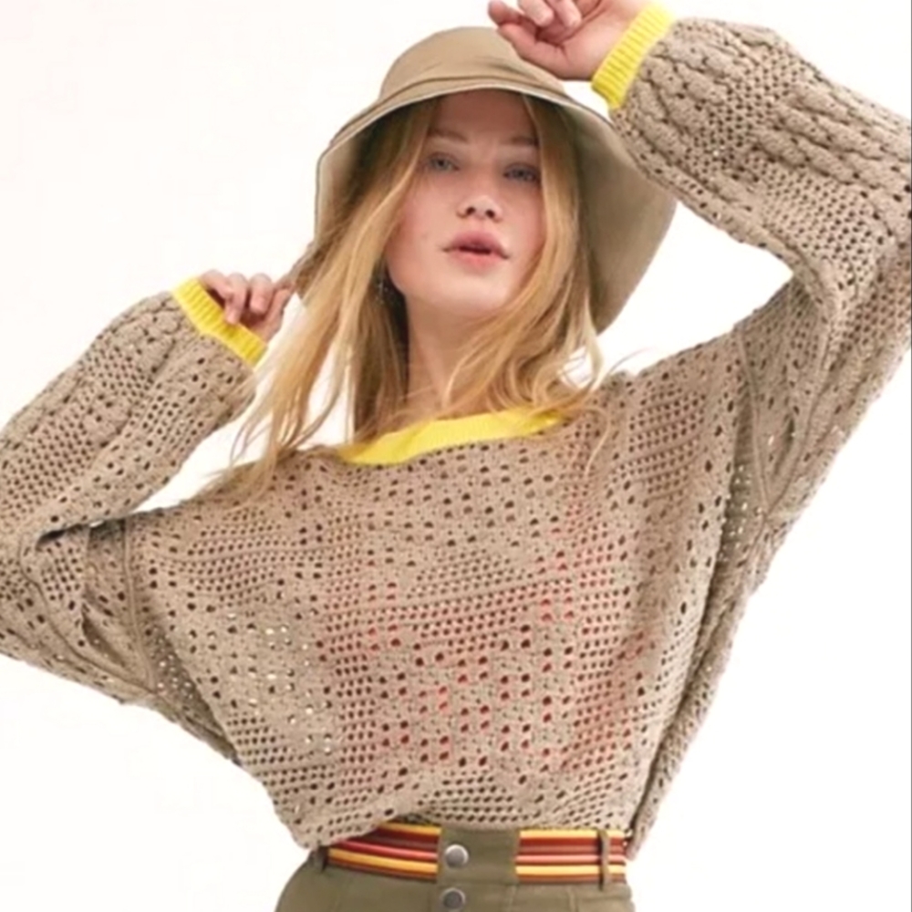 Free People Home Run Tan Crochet Knit Sweater